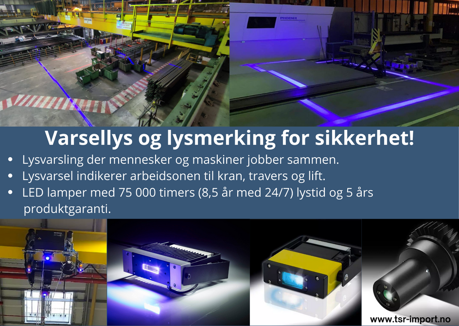 Sikkerhetslys, lysvarsel under kran, travers og lift. Sikkerhet på arbeidsplassen der maskiner og mennesker jobber sammen.